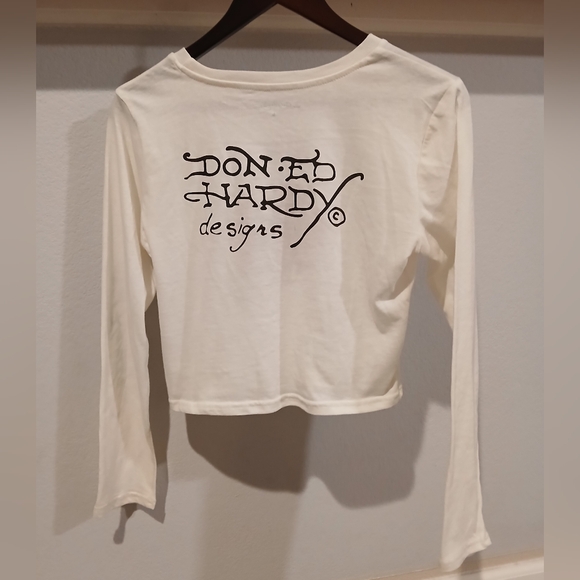 Ed Hardy Rhinestone Hearts natural long sleeve crop t-shirt, size L - Picture 4 of 4